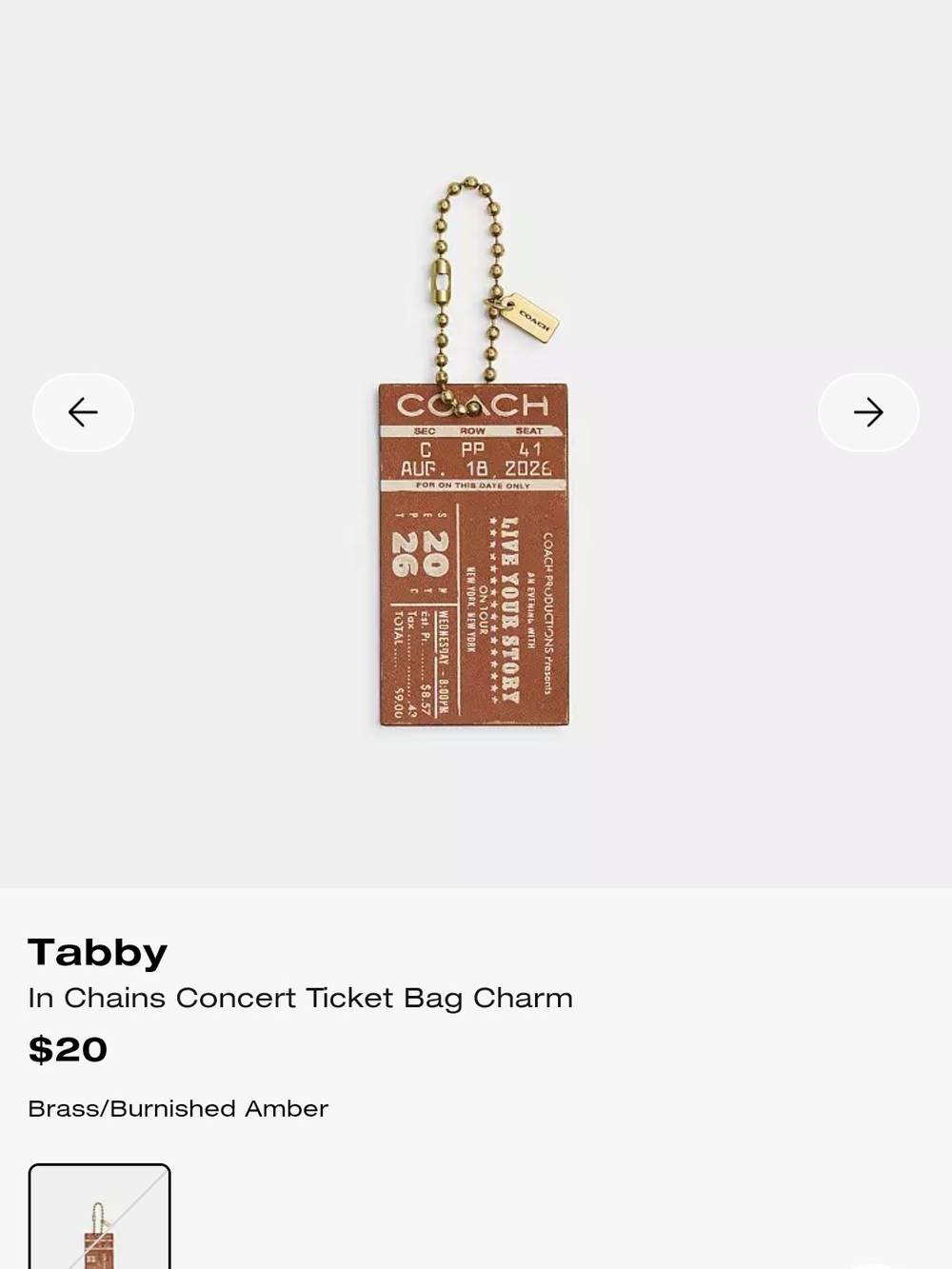 Coach  Concert Ticket Charm In Amber/brown with Chain